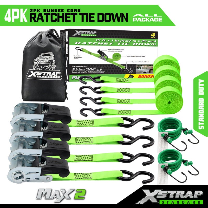 XSTRAP STANDARD Ratchet Tie Down Straps 4Pk 15Ft 1500Lb Break Strength, Cargo Straps for Moving Appliances, Lawn Equipment, Motorcycle, Includes 2 Bungee Cord - Image 2